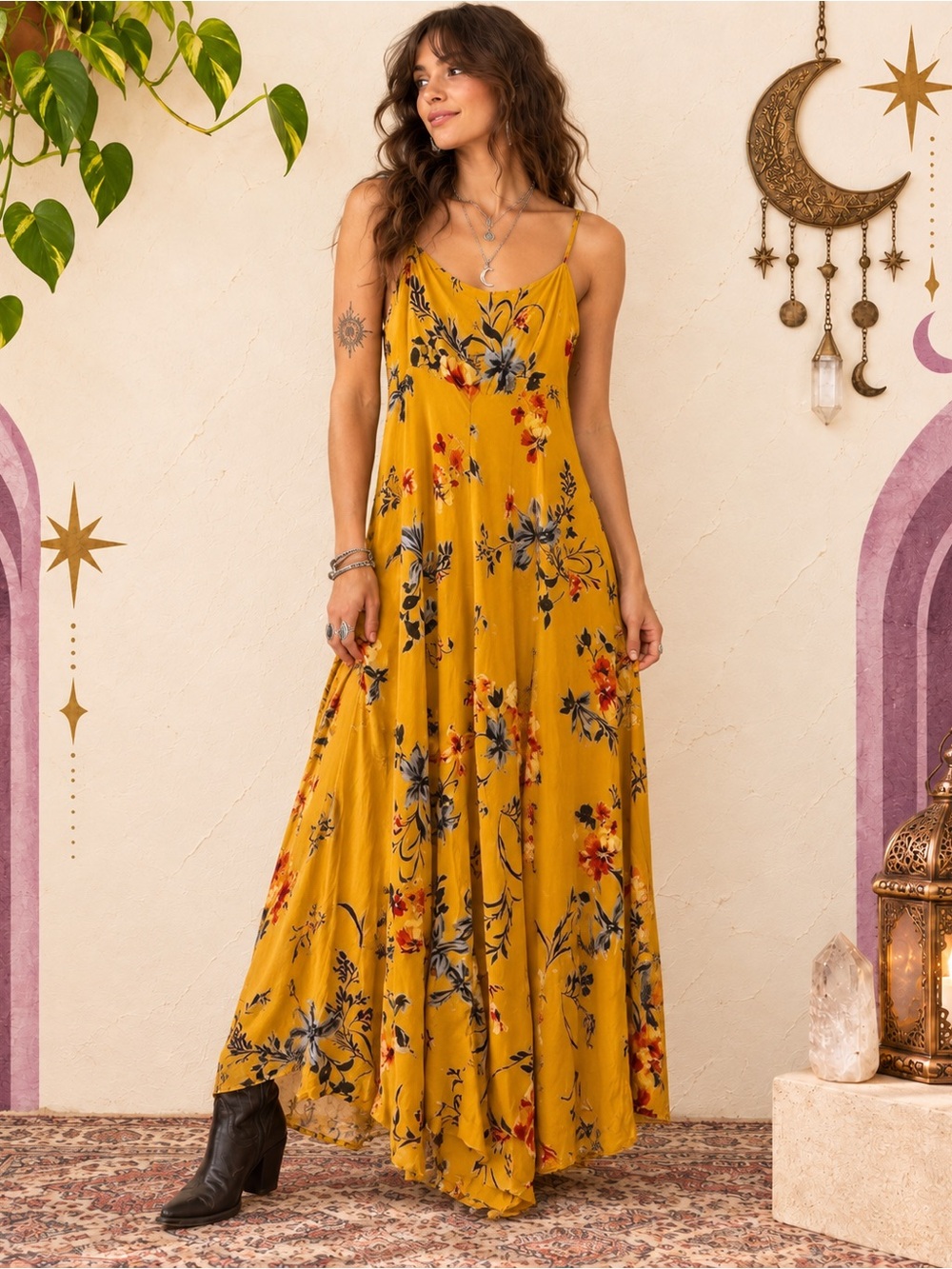 Olivaceous Mustard Yellow Floral Boho Maxi Dress Size Small